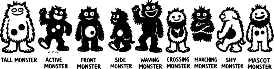 Obraz premium Line art mascot lineup showing nine distinct hand drawn monster characters in profile and front poses with playful smiling expressions