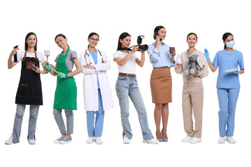Fototapeta premium Choice of profession. Same woman representing different occupations. Collage of portraits on white background