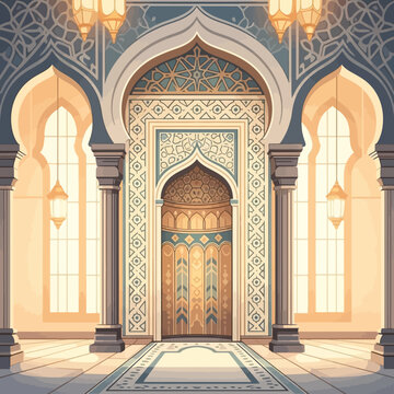 Mosque Mihrab Interior Illustration Islamic Flat Design