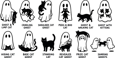 Obraz premium Whimsical kids doodle close up sheet of ghost and black cat poses showing playful interactions with captions, hand drawn line art