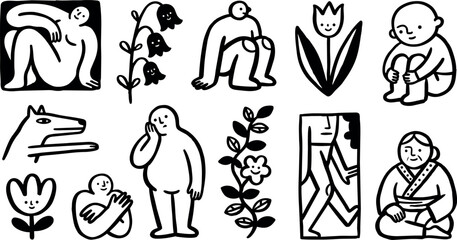 Fototapeta premium Whimsical line art icon sheet showing naive figures, tulip and wolf head in black ink with assorted poses and expressions