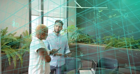 Discussing two business professionals analyzing data on smartphone and tablet in office with laptop