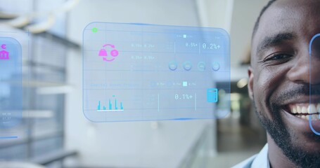 Smiling man wearing blue shirt viewing office corridor, with AR holographic panels, copy space