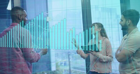 Analyzing overlay, business-casual coworkers gesturing at glass wall in office with tablet and cup