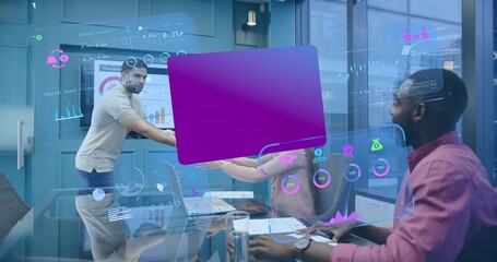 Adjusting three colleagues wearing business-casual using purple AR panel on glass table with charts