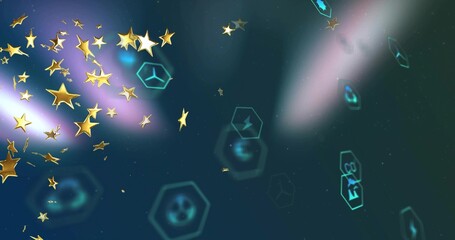 Obraz premium Drifting metallic gold stars floating across dark teal background, with teal hex tokens, copy space