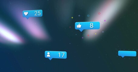 Floating cluster blue notification badges showing heart 25, thumbs-up 8, user 17 on aurora backdrop