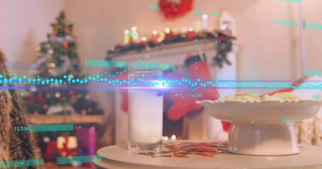 Naklejka premium Displaying milk glass, ceramic cake stand with cookies in living room, with tree and teal overlay