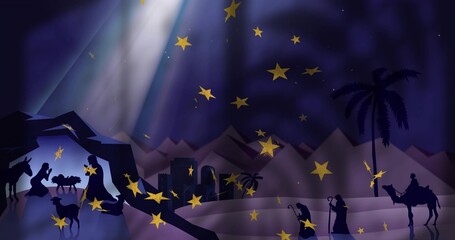 Obraz premium Kneeling robed nativity group beside manger at desert stable, beam shining, copy space