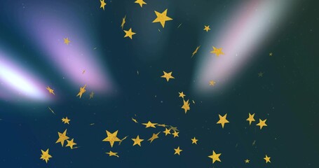 Obraz premium Floating cluster of golden five-pointed stars drifting across teal sky with violet aurora streaks