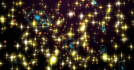 Obraz premium Streaming golden streaks falling through dark space, with white glints, orange stars, teal hexes