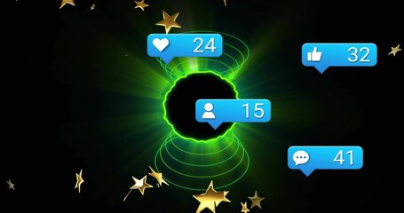 Obraz premium Glowing void emitting neon-green rings and beams in cosmos with gold stars, with four blue bubbles