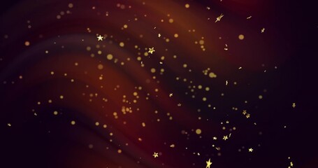 Floating golden five-pointed star confetti and bokeh drifting across graphic backdrop, with swirls