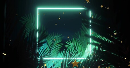 Glowing cyan neon square frame hovering in studio, lit by palm fronds, gold star confetti, mist