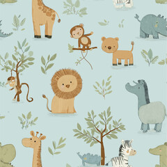 Fototapeta premium Safari animals pattern with giraffes, elephants, and lions on a light blue background. Cute cartoon jungle animals seamless pattern