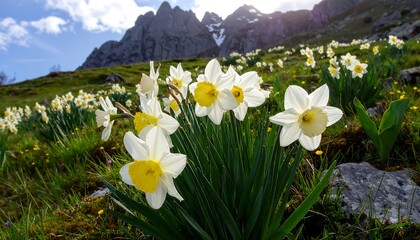 Daffodils in the mountains - A vibrant spring landscape.