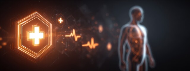 Futuristic medical interface with human silhouette, glowing cross and ECG waves, healthcare and wellness concept for digital medicine