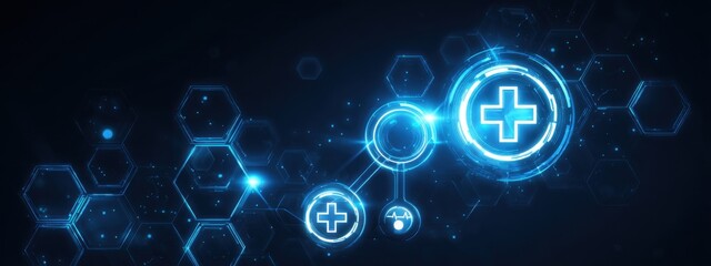 Futuristic blue medical interface with glowing cross icons and digital network, healthcare and telemedicine concept for global health