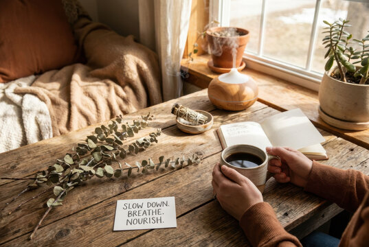 Meditation support therapy mental stress homework anxiety collage editable calm cozy wooden table coffee mug near window slow down breathe nourish note Mental Health Management