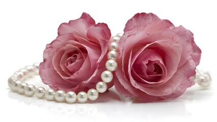 Fototapeta premium Two delicate pink roses are adorned with a strand of lustrous white pearls, creating an elegant and romantic floral arrangement on a reflective surface.