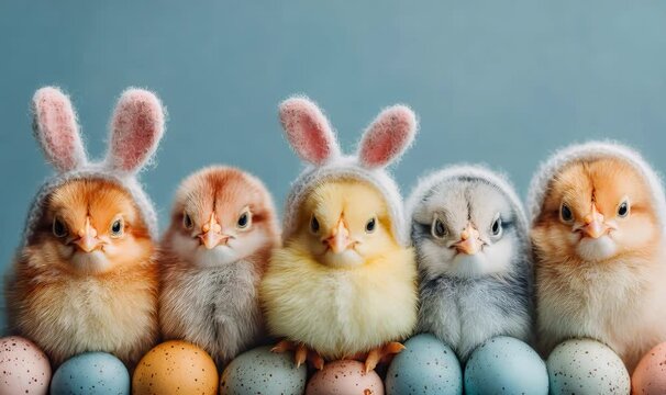 Adorable newborn chicks wearing funny bunny ear hats standing in a row with colorful pastel easter eggs against a soft blue background