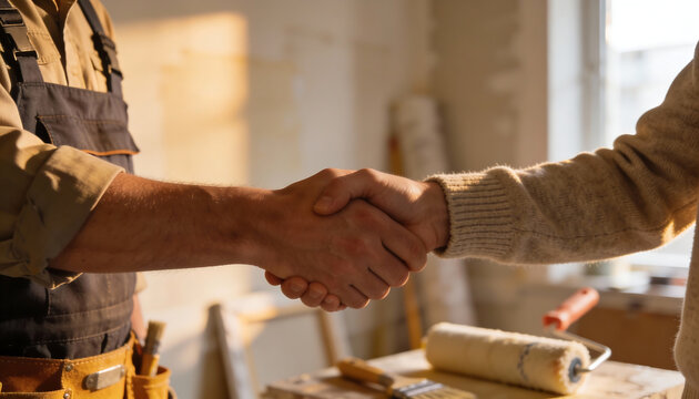 Contractor handshake with homeowner in renovation workspace construction agreement trust and home improvement service partnership close up