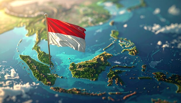 Indonesia flag waving over the archipelago, a symbol of national pride.