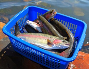 Freshly caught rainbow trout in a blue basket, ready for cooking.