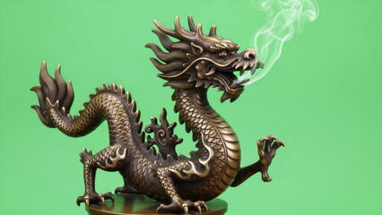 Obraz premium Dragon incense burner exhaling smoke on a green chroma key background for digital editing. Mythical creature decor and aromatherapy. Chromakey.