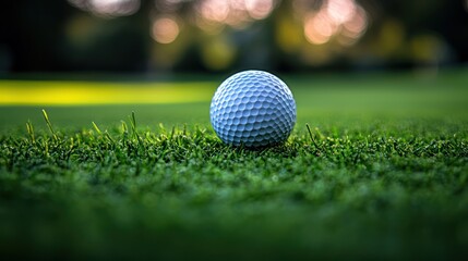 Naklejka premium Golf ball on green grass at sunset. (9)