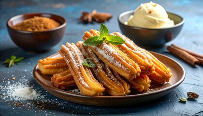Delicious Churros with Cinnamon Sugar and Vanilla Ice Cream.