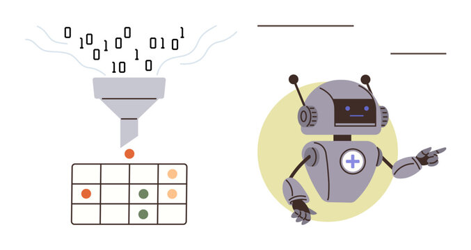 Artificial intelligence, data analysis, machine learning, automation, robotics, programming. A robot and binary data processed into categories. Artificial intelligence and data analysis concept