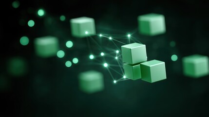 Abstract digital green blocks connected by glowing lines in a futuristic tech environment showcasing modern networks and innovation concepts