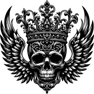 Skull with Crown and Wings: A detailed illustration features a skull adorned with an intricate crown and majestic wings, creating a powerful emblem of mystique and symbolic depth.