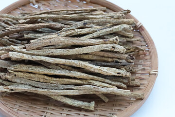 Dried brown Codonopsis root sticks used in Chinese herbal medicine.