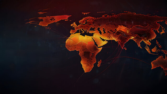 Red world map outline glowing on dark digital background with grid lines. War concept