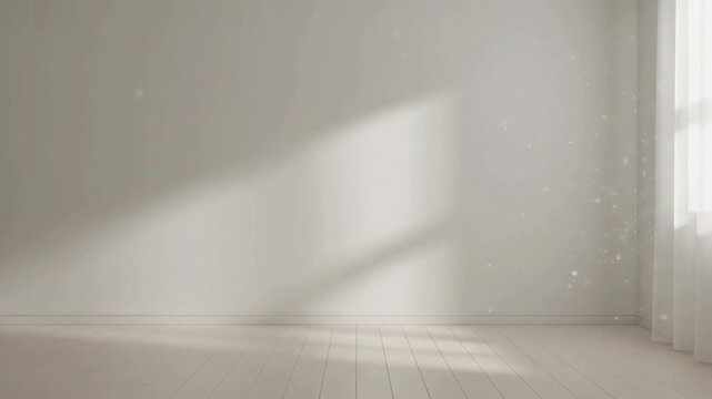 Subtle Dawn Light Golden hour glow filtering through a window into a minimalist, empty room, creating soft shadows and dust motes.