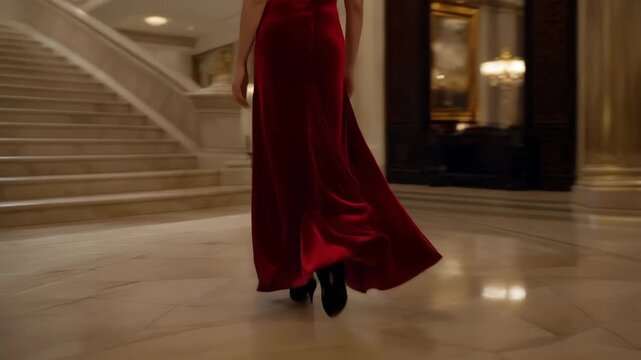 Tracking shot following a red velvet evening gown sweeping across a polished marble floor, elegant footsteps, luxury hotel lobby atmosphere..