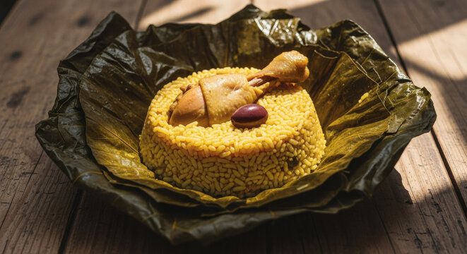 Authentic Peruvian Juane Rice With Chicken On Rustic Wooden Table