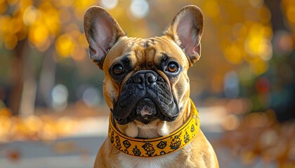 French Bulldog with a Focused Gaze in Autumn Setting.