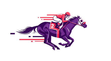 Minimalist horse racing illustration featuring a jockey in full sprint. Clean flat design and bold silhouette. Professional sports branding element isolated on background
