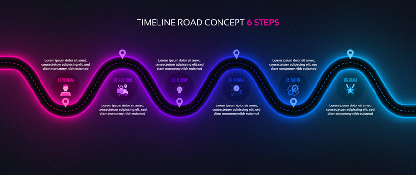 Timeline infographic 6 steps timeline concept. Winding road.