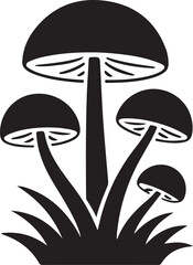 Black and white silhouette of three mushrooms growing in grass fungi nature