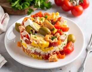 Delicious layered salad with tuna, vegetables, and olives on a plate.