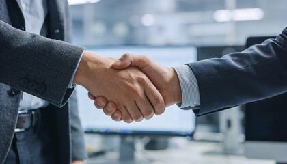 Professional business handshake in modern office with computer background corporate partnership agreement contract negotiation and successful collaboration concept