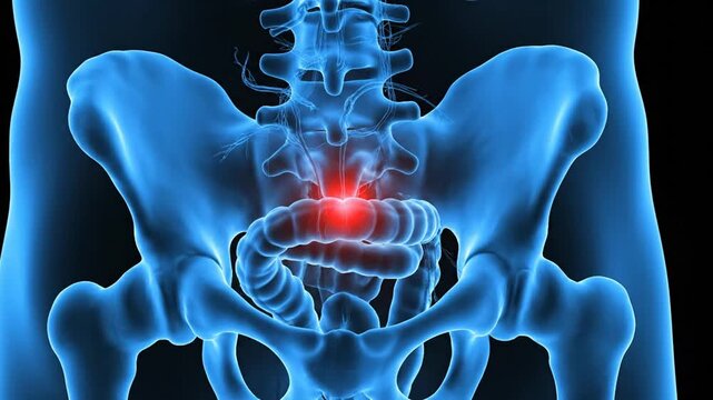 Medical Animation Showing Human Pelvis Bone Anatomy with Pain Highlighted in Red Color