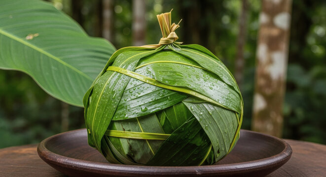 Whole Unopened Juane on Clay Plate, Amazonian Rainforest