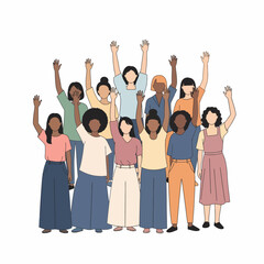 Fototapeta premium Diverse group of women with raised hands, symbolizing unity, empowerment, and collective action.