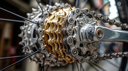 Close-up of gold and silver bicycle cassette and chain