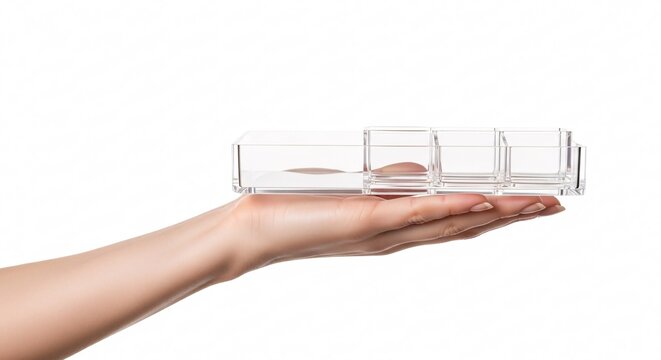 Fair-skinned hand holds clear plastic tray with four square compartments for product catalog display on white background